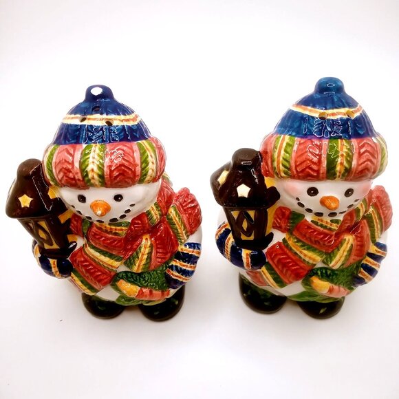 Snowman Salt Pepper Shakers Lanterns Winter Holiday Decoration Ceramic 3.5" Tall - Picture 5 of 11